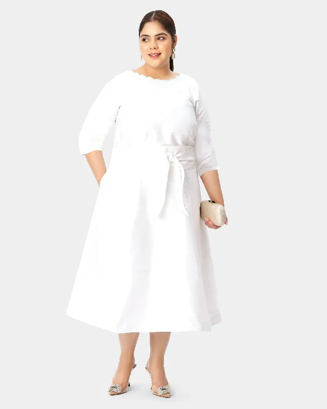 Obi belt dupioni scallop trim boatneck dress | White Stretchy unclassified dresses