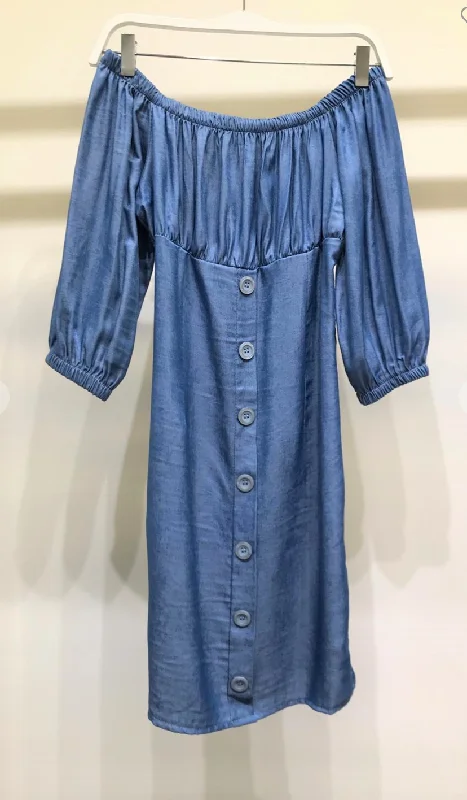 OFF SHOULDER CHAMBRAY BUTTON DOWN DETAIL DRESS Festival unclassified dresses