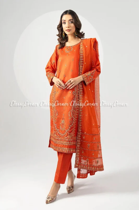 Orange Multi Katan Embroidered Salwar Kameez Ruffled unclassified dresses