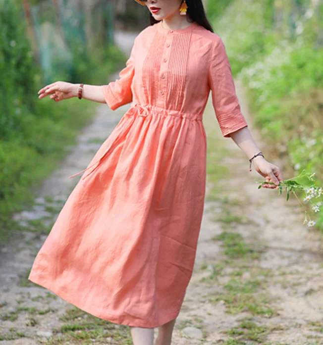 Orange Women Dresses Casual Summer Draw String Linen Women Dresses SJ97215 Embroidered unclassified dresses