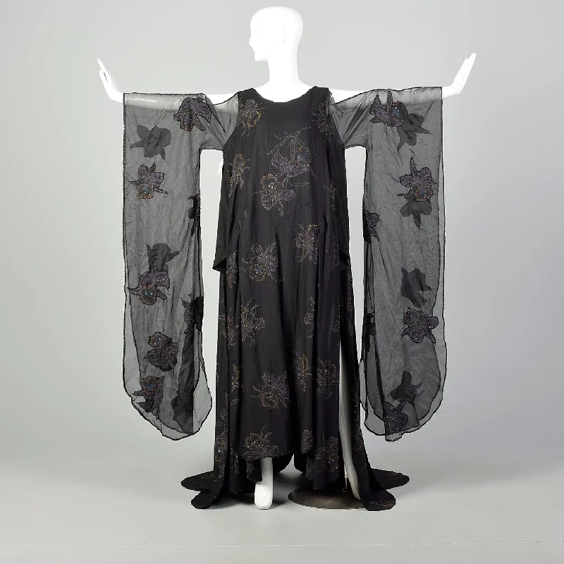 OSFM 1990s Dramatic Flowy Gothic Gown Kaftan Dress Kimono Sleeve Car Wash Beaded Hem Floral unclassified dresses