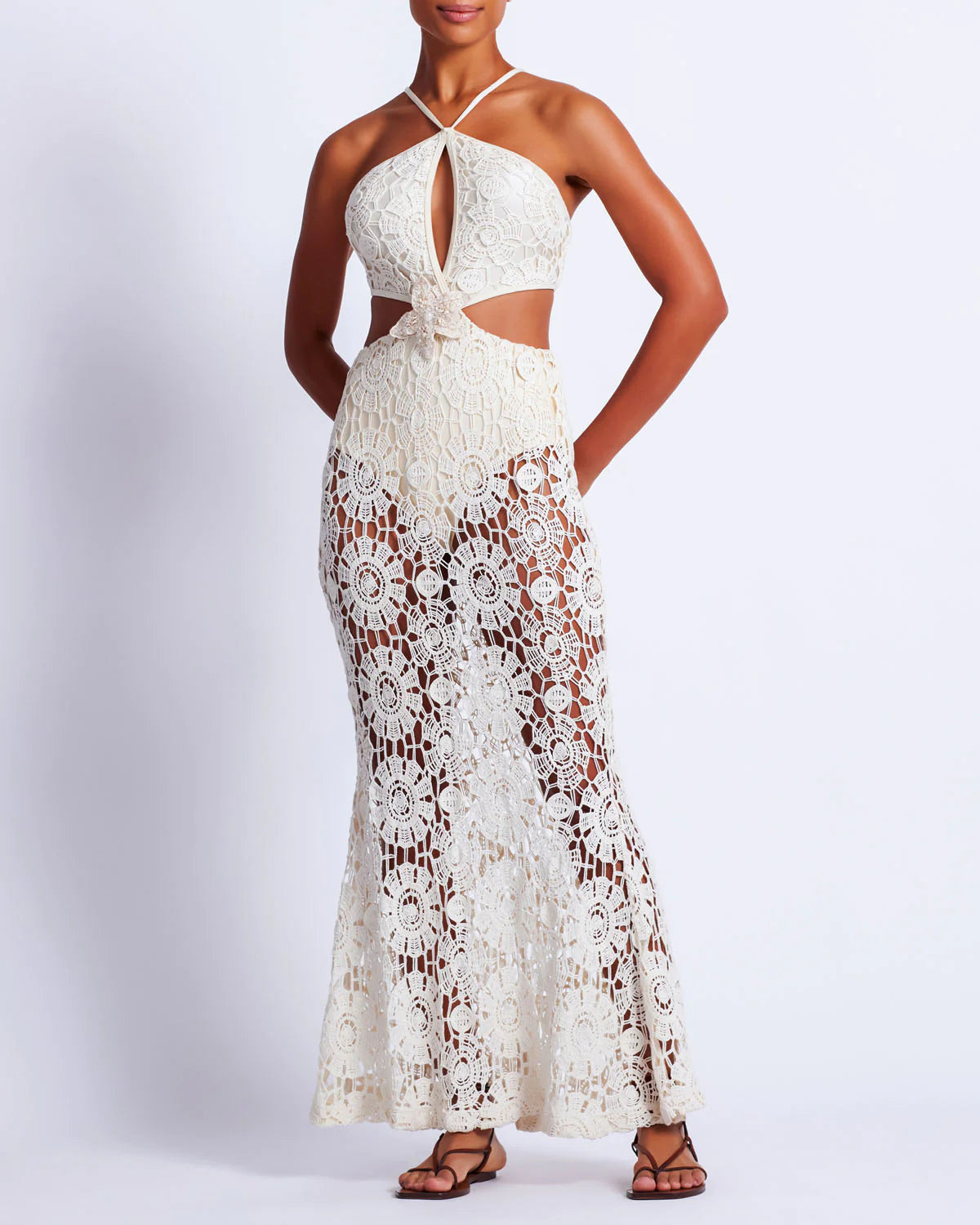 Patbo - Embroidered Crochet Halterneck Dress - Wheat Bold pattern unclassified dresses