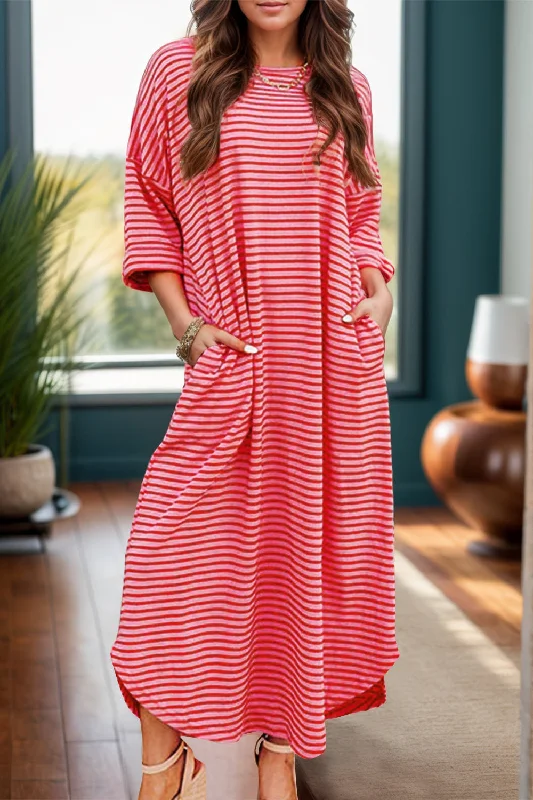 Pocketed Striped Half Sleeve Tee Dress Halter unclassified dresses