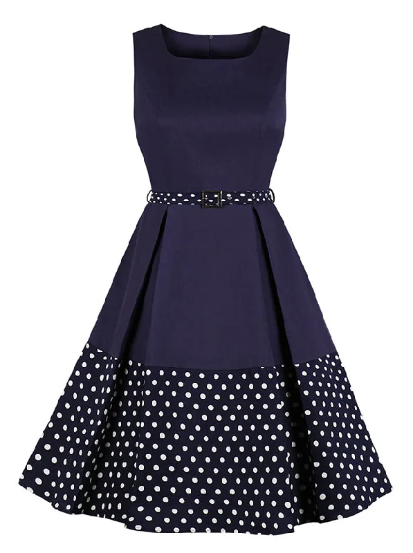 Polka Dots Dress Women's 50s Boat Neck Sleeveless Business Dress with Belt Mesh unclassified dresses