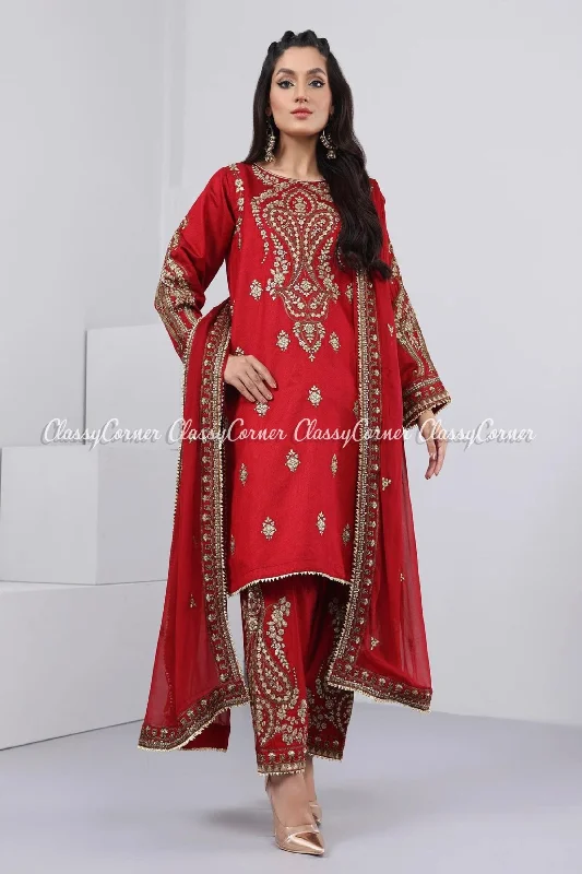 Red Golden Katan Embroidered 3pc Readymade Suit Festival unclassified dresses