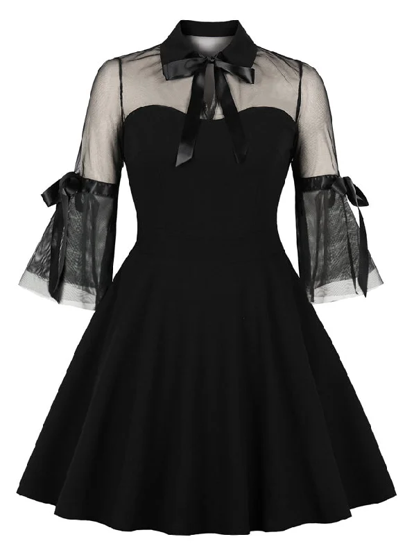 See-through Mesh Splicing Turndown Collar Flare Sleeve Black Swing Dress Chic unclassified dresses