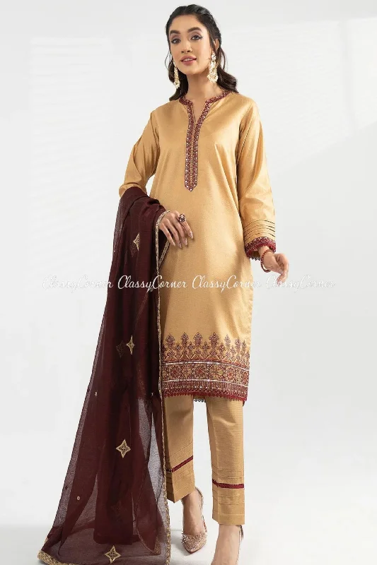 Beige Katan Embroidered Shalwar Kameez Preppy unclassified dresses