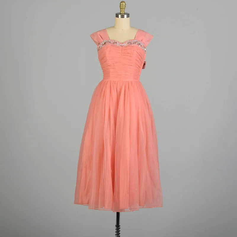 Small 1950s Pink Coral Prom Dress Bead Embellished Ruched Chiffon Bodice Backless unclassified dresses