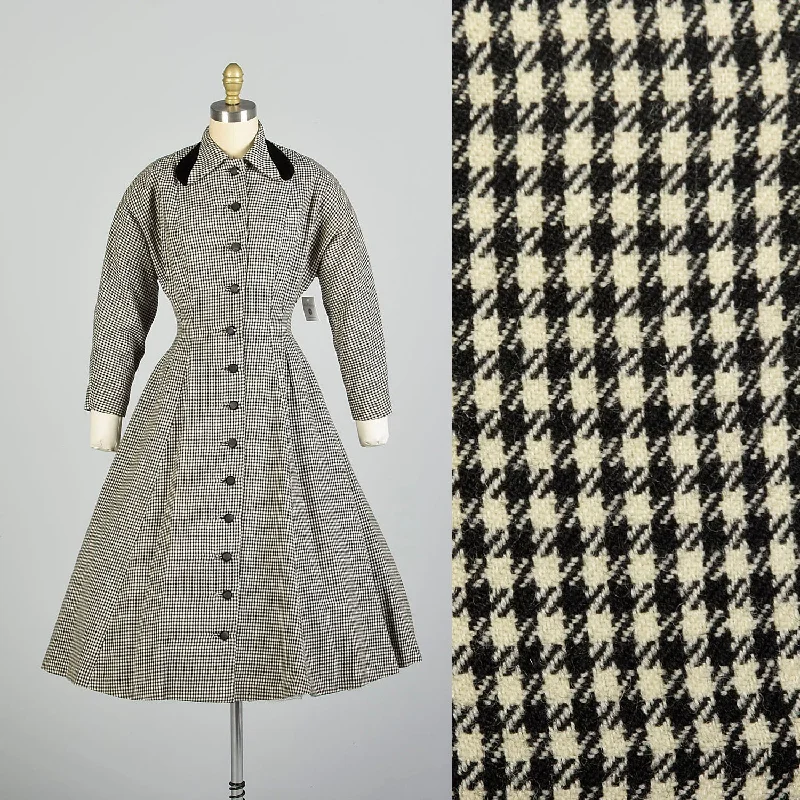 Small 1950s Wool Black White Fit & Flare Houndstooth Winter Coat Dress Trendy new unclassified dresses