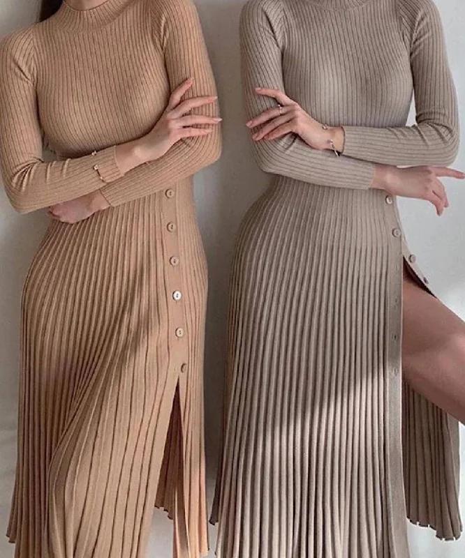 Turtleneck Stripe Knit Button Slit Dress Bright color unclassified dresses