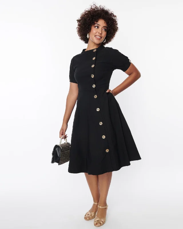 Unique Vintage Black Button Swing Dress | Black Polka dot unclassified dresses