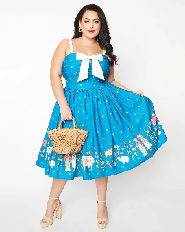 Unique Vintage Blue & White Farm Border Golightly Swing Dress | Blue Chiffon unclassified dresses