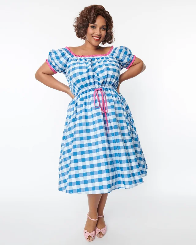 Unique Vintage Curve Blue & White Gingham Picnic Swing Dress | Blue, White, Gingham Stretchy unclassified dresses