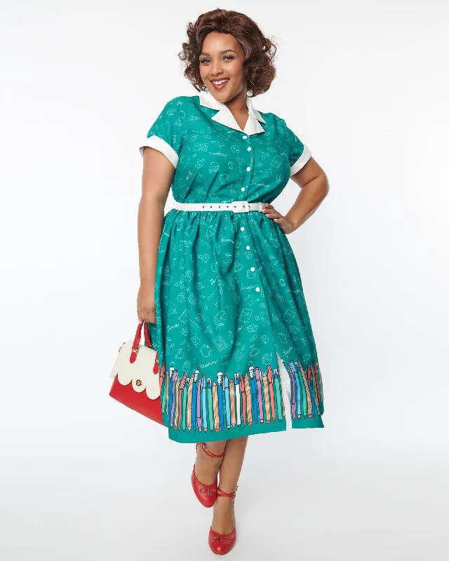 Unique Vintage Green Classroom Alexis Swing Dress | Green A-line unclassified dresses