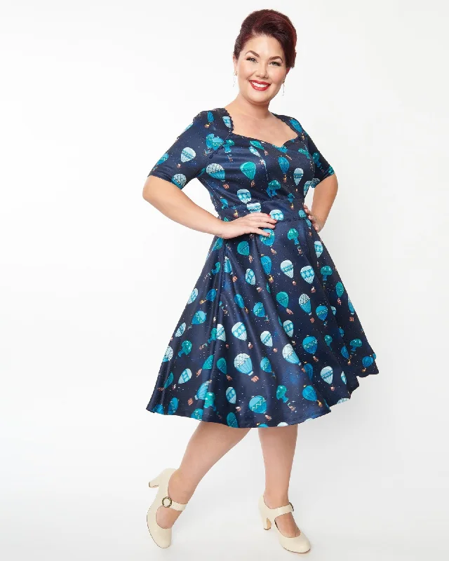 Unique Vintage Navy & Hot Air Balloon Bolero Flare Dress | Blue Satin unclassified dresses