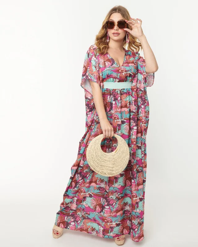 Unique Vintage Pink & Blue Elephant Oasis Burton Caftan Dress | Pink, Blue Dark color unclassified dresses