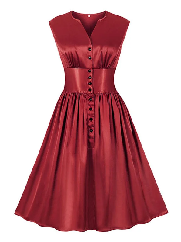 Vintage Glossy V Neckline Front Button Sleeveless High Waist Swing Dress Satin unclassified dresses