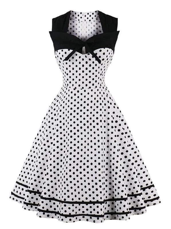 Vintage Sleeveless Square Neckline Polka Dot White Dress Spring unclassified dresses