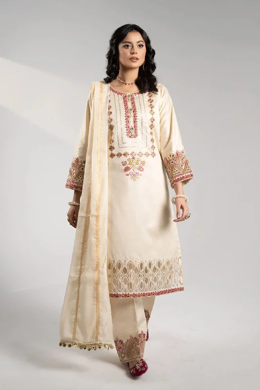 White Multi Katan 3pc Suit Bold pattern unclassified dresses