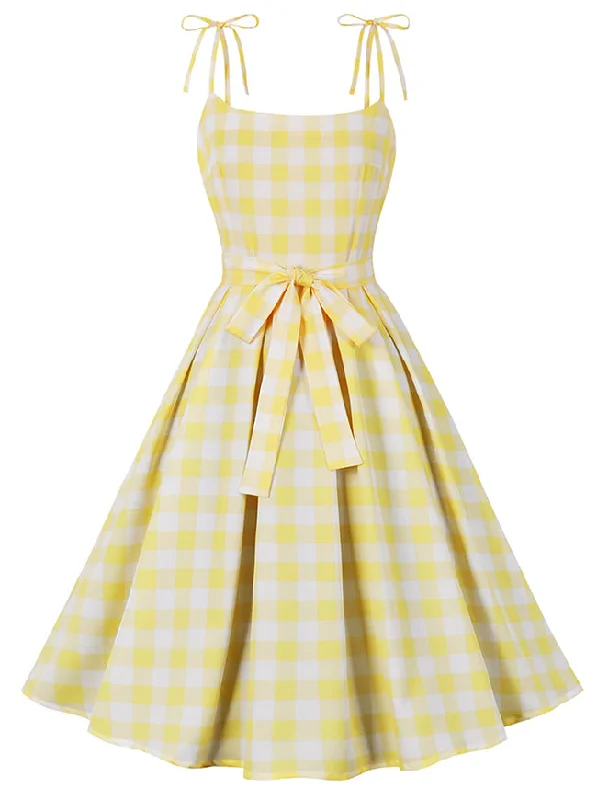 Women 1950s Vintage Rockabilly Spaghetti Strap Bowknot High Waist A Line Plaid Dress Yellow Flowy unclassified dresses