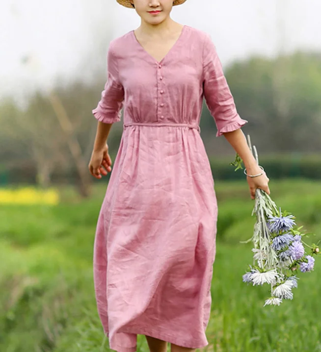 Pink Women Dresses Casual Summer Draw String Linen Women Dresses SJ97215 Sexy unclassified dresses