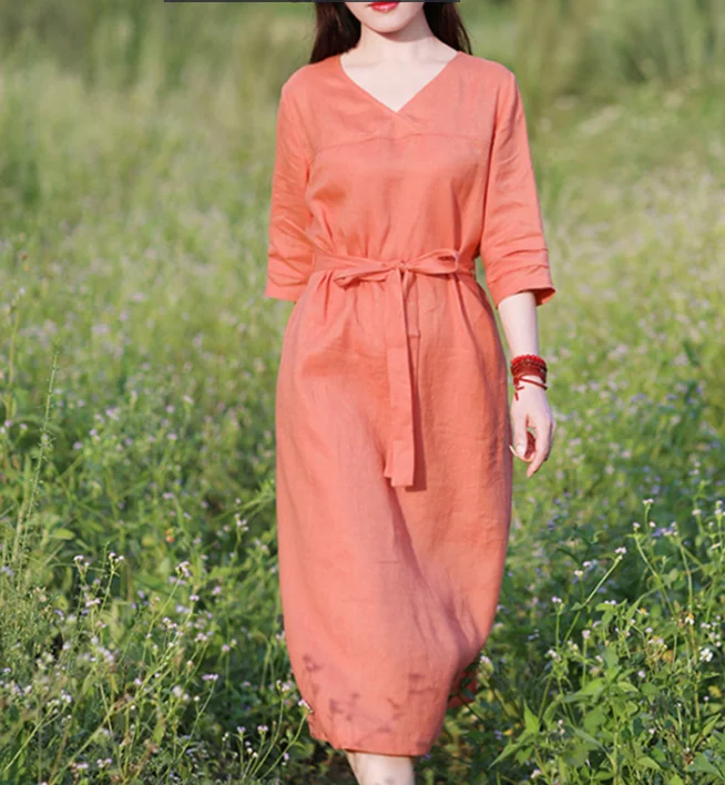 V Neck Women Dresses Casual Summer Linen Women Dresses SJ97215 Color block unclassified dresses