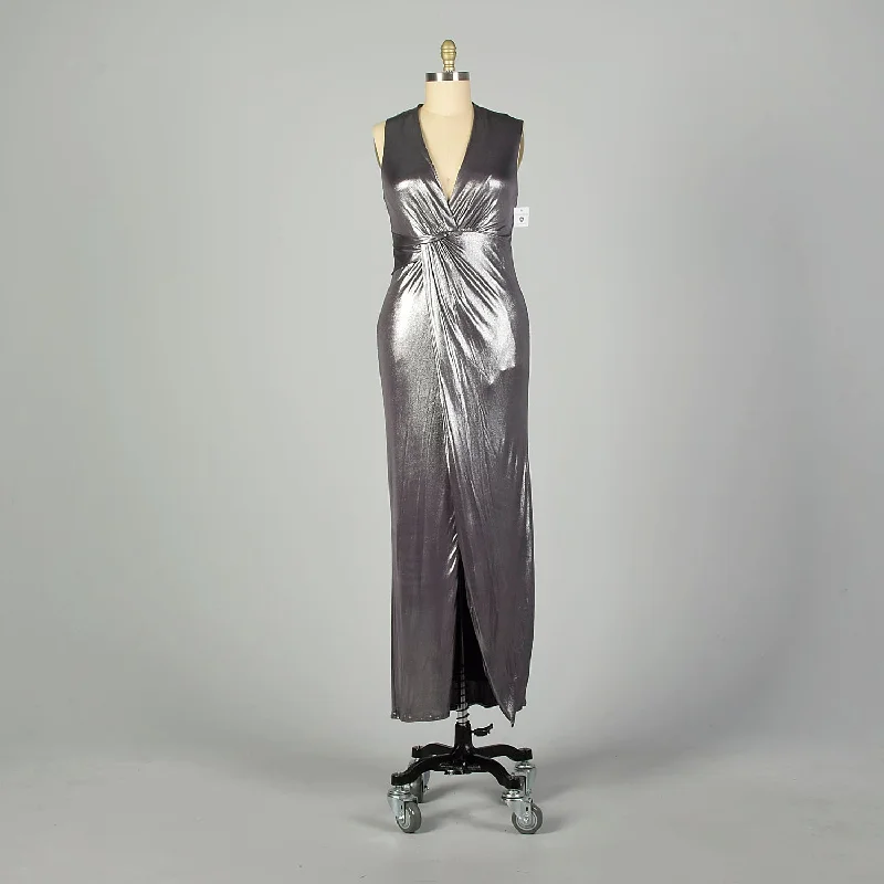 XL Y2K Halston Heritage Dress Metallic Silver Wet-Look Formal Prom Evening Gown Breathable unclassified dresses