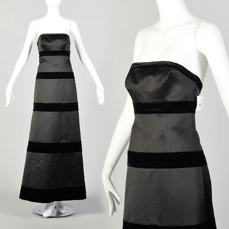 XS 1980s Dress Black Strapless Velvet Stripe Formal Evening Gown Silk unclassified dresses