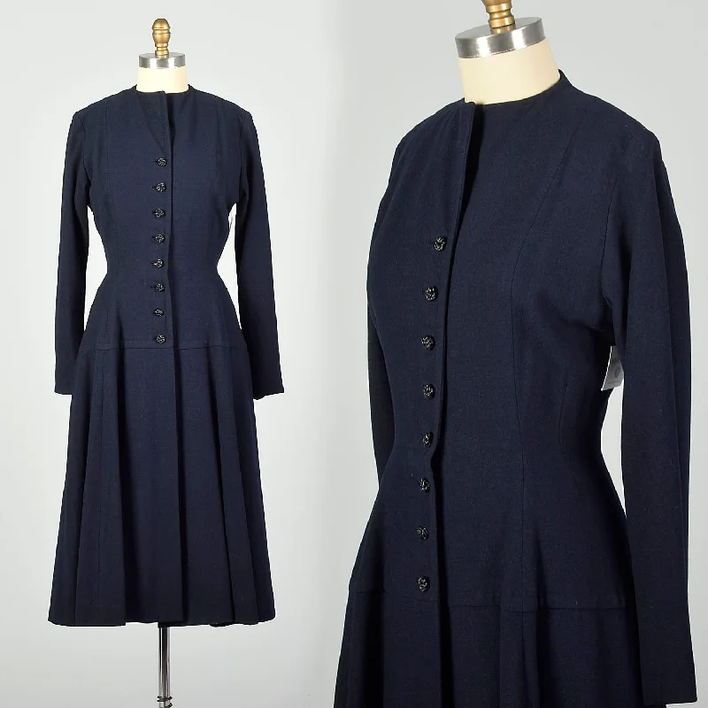 XXS 1950s Navy Blue Princess Coat Hourglass Coat Dress Winter Weight Wool Trendy unclassified dresses