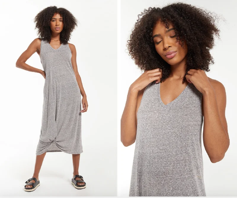 Z SUPPLY REVERIE KNOT TRIBLEND DRESS IN BLACK AND HEATHER GREY One-shoulder unclassified dresses