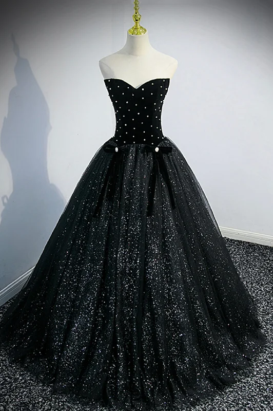 Black Velvet Tulle Long Ball Gown, Black A-Line Formal Evening Gown Full Maxi Skirt