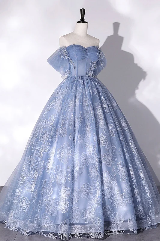 Blue Tulle Lace Long Ball Gown, Off the Shoulder Formal Evening Gown Elegant Maxi Look