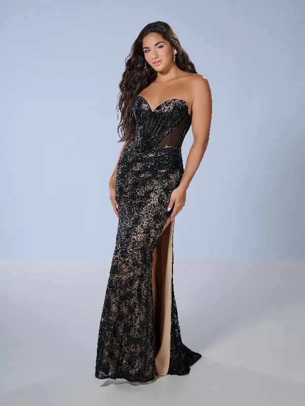 Beaded Lace Strapless Slit Gown by Tiffany Designs 16236 Lace Dress Accent