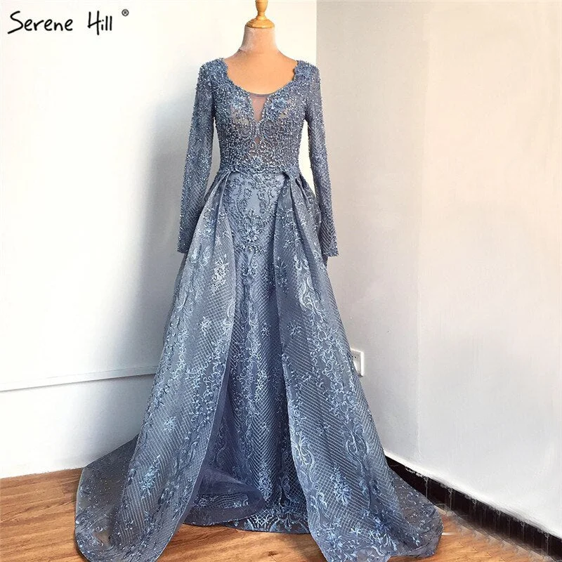 Blue Muslim Beading Mermaid Lace  Crystal Design Evening Dresses 2024 Dubai Luxury  Plush Size Evening Gowns Serene Hill LA70424 Lace Midi Dress