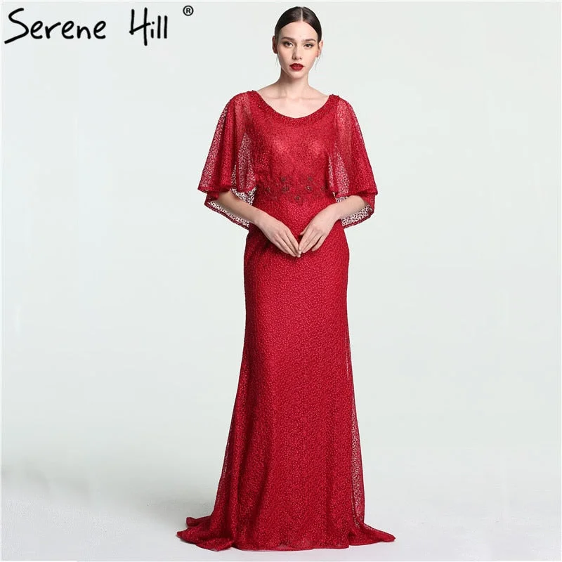 On Sale no return no refundSale Dubai  Wine  Red  Evening Gowns with  Shawl Beading  Lace Mermaid  Evening Dress Long High-end Luxury 2019 Serene Hill LA6137 Lace Dress Deep V