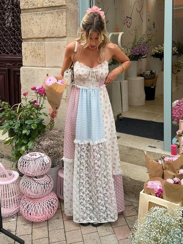 Elegant Print Perspective Lace Patchwork Long Dress Women Halter Backless Sleeveless Dresses Summer Lady Sweet High Street Robe Lace Evening Dress