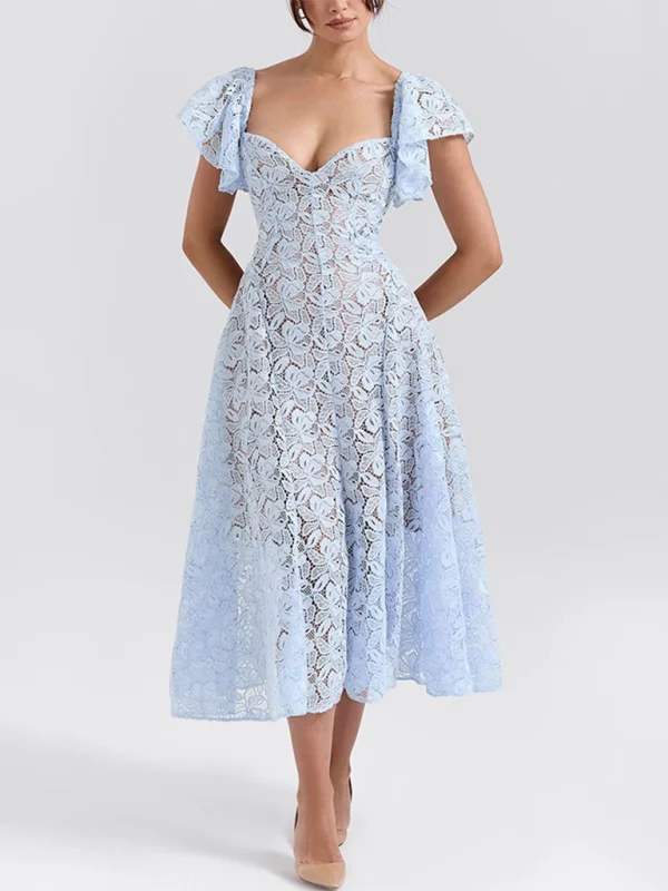 Blue Zone Planet |  New Lace Ruffle Sleeve Dresses Lace Dress Lace