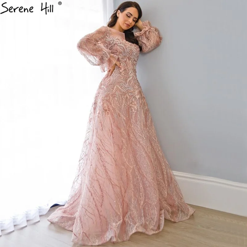 Sale Serene Hill Pink A-Line Luxury Evening Dresses 2024 lantern Long Sleeves Beading Lace Formal Dress LA70676 Lace Shift Dress