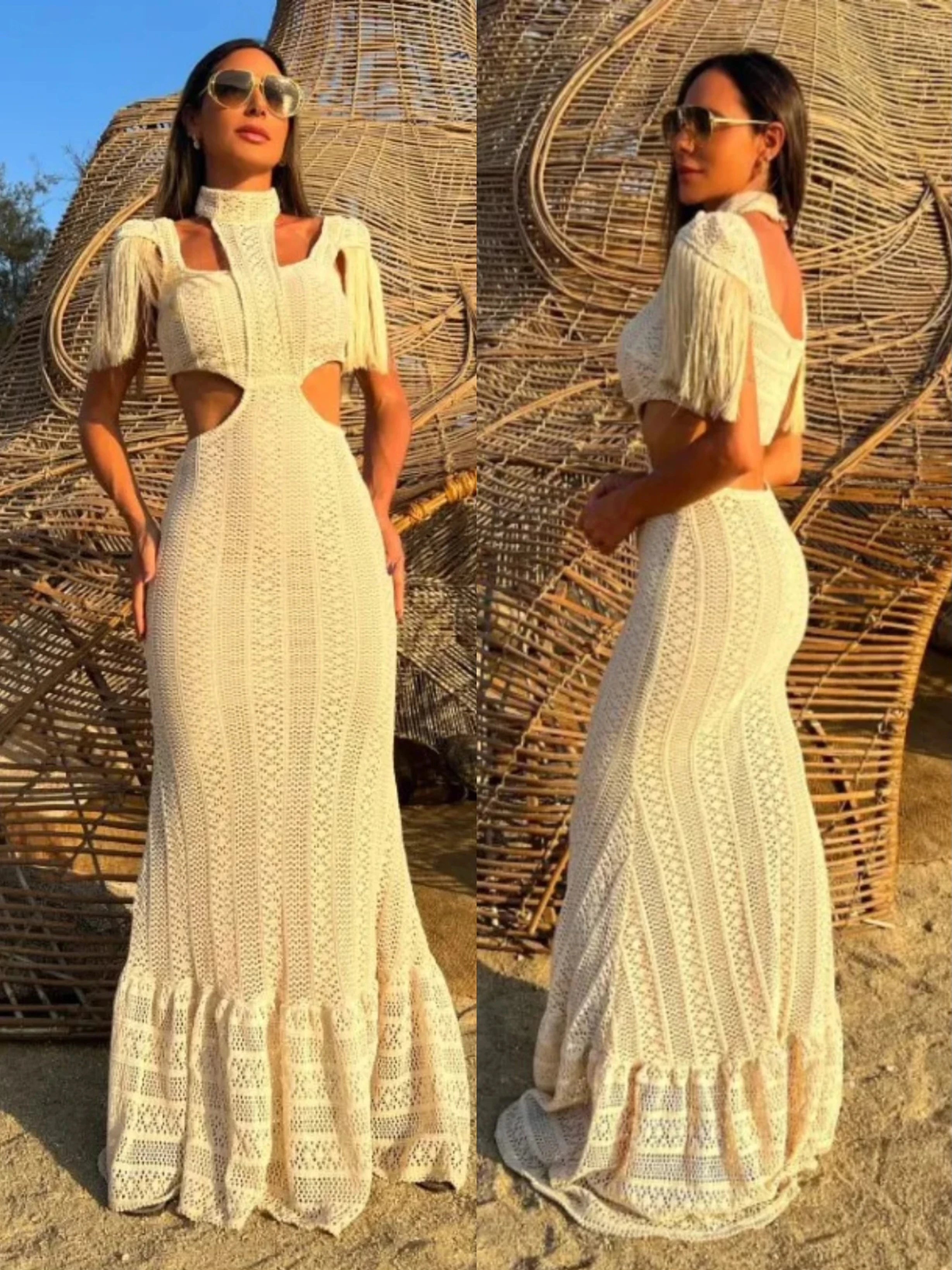 Sexy White Lace Women Dress Turtleneck Tassel Sleeve Slim Naked Waist Hollow Out Long Dress Summer Beach Female Knit Robe Lace Bridesmaid Gown