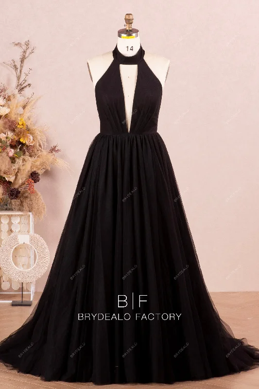 Black Halter Plunge Neck Tulle Prom Ball Gown Tulle Dress Soft