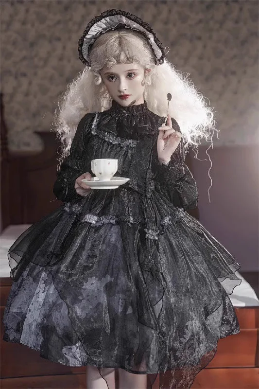 Black Stand Collar High Waisted Dead Leaves Print Tulle Gothic Princess Lolita Jsk Dress Casual Tulle Gown