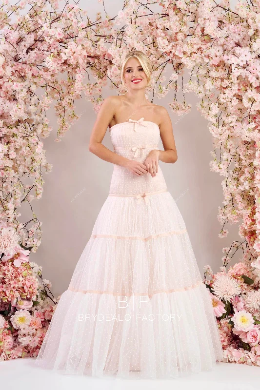 Blush Dotted Tulle Strapless Pretty Fit and Flare Wedding Dress Full Tulle Dress