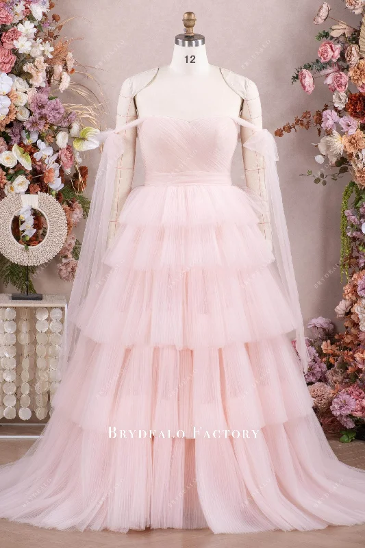 Blushing Pink Off Shoulder Tiered Tulle Wedding Gown Tulle Lace Gown