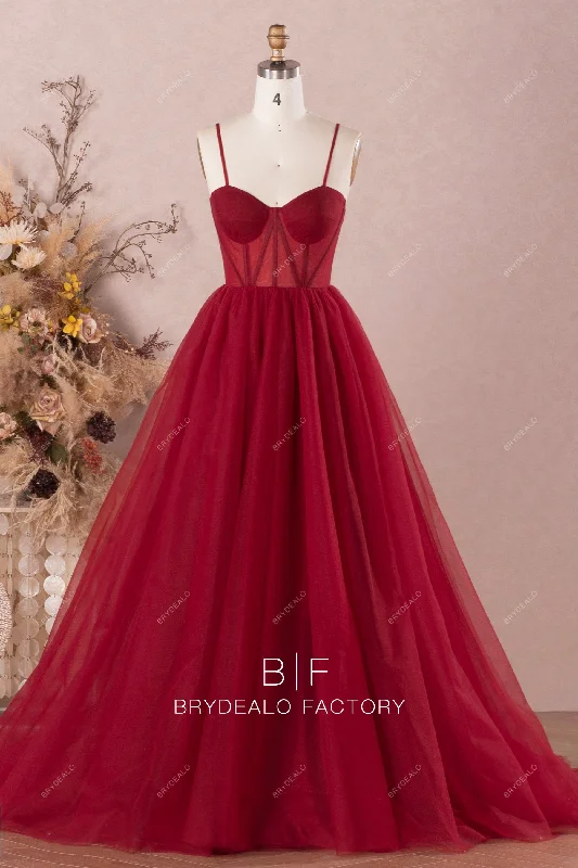 Burgundy Straps Corset Tulle A-line Prom Formal Dress A-line Tulle Gown