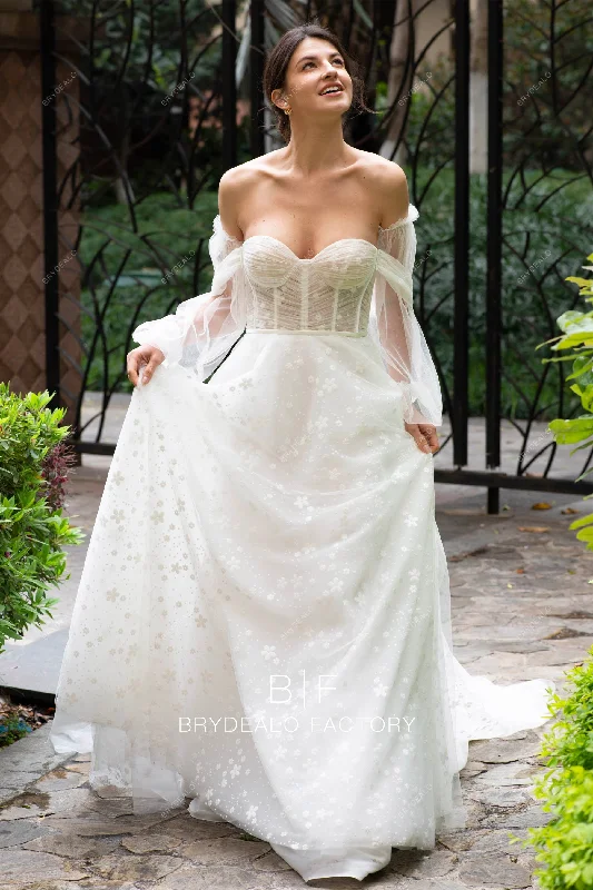 Detachable Sleeves Pleated Tulle Allover Wedding Ballgown Tulle A-line Dress