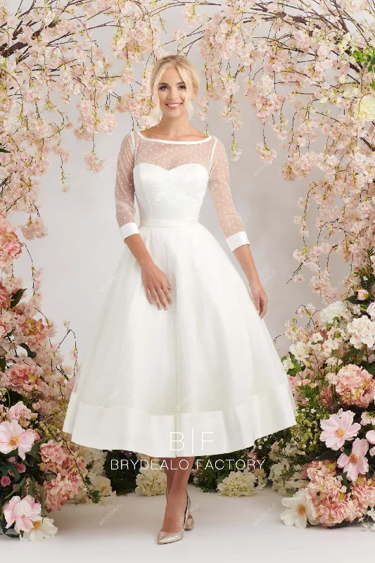 Dot Tulle 3/4 Sleeves Illusion Neck 1950s Tea-Length Bridal Dress Tulle Dress Party