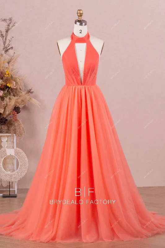 Elegant Watermelon Halter Puffy Tulle Prom Formal Dress Boho Chic Tulle