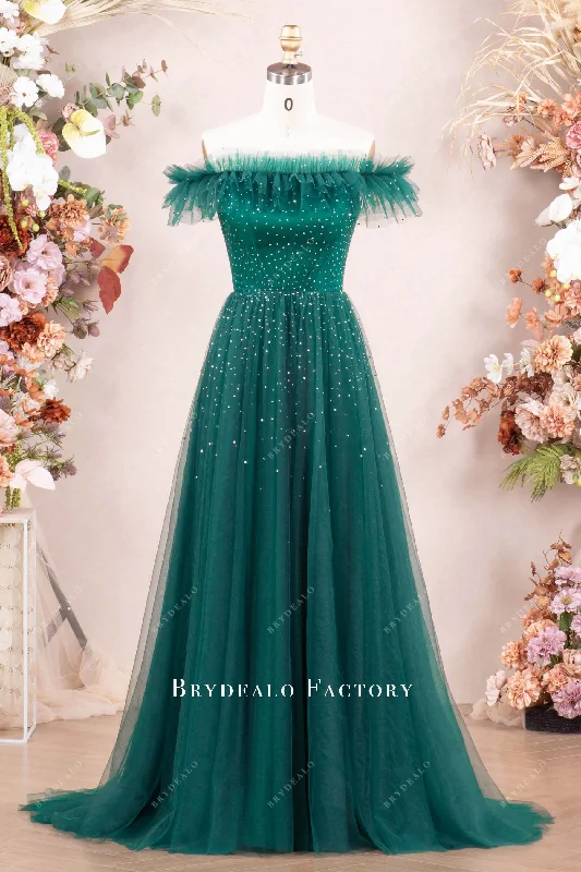 Green Ruffled Off Shoulder Rhinestone Tulle Prom Dress Tulle Skirt Dress