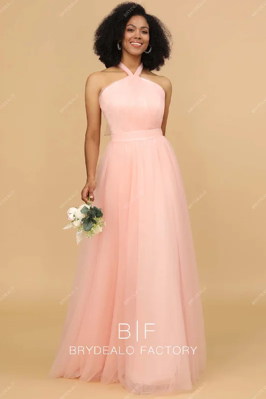 Blushing Pink Wholesale Halter Neck Tulle A-line Bridesmaid Gown Tulle Dress Fashion