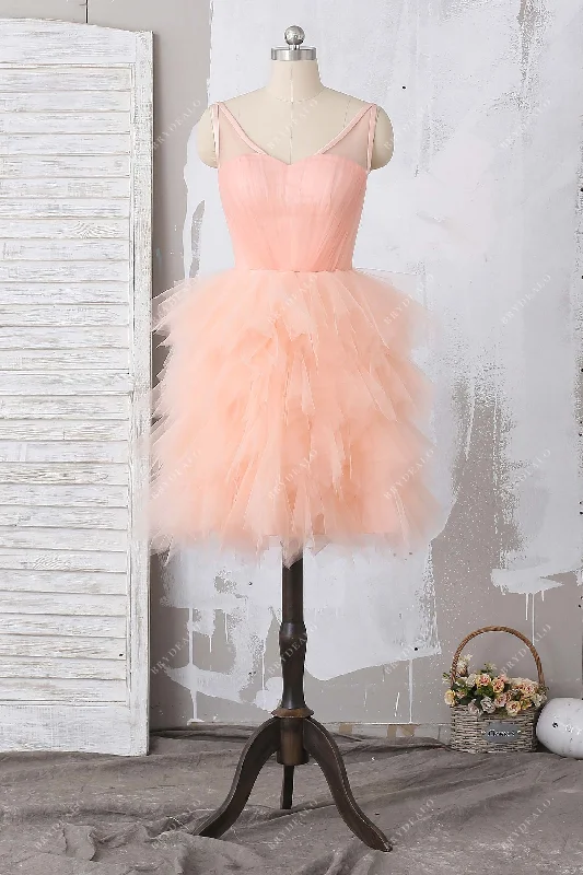 Lovely Peach Tulle Ruffled Short Cocktail Dress Tulle Dress Charm